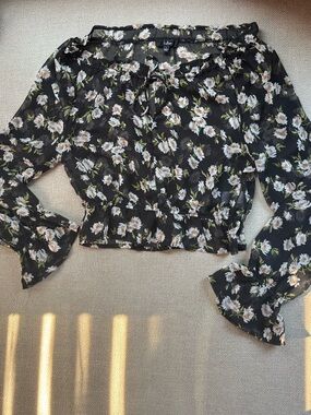 Lulus New Black Floral Peasant Off-Shoulder Blouse Size Large